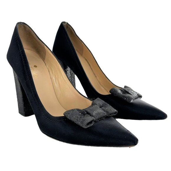 KATE SPADE Black Silk Sparkle Bow Heels Women's Size 6 Evening Pumps - Picture 2 of 8
